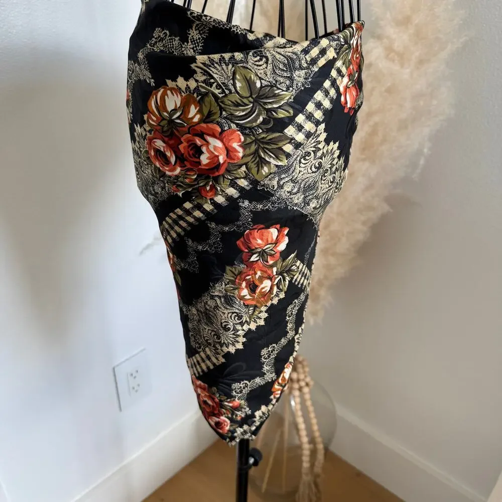 Vintage Black Floral Satin Lightweight Boho Cottage Square Scarf